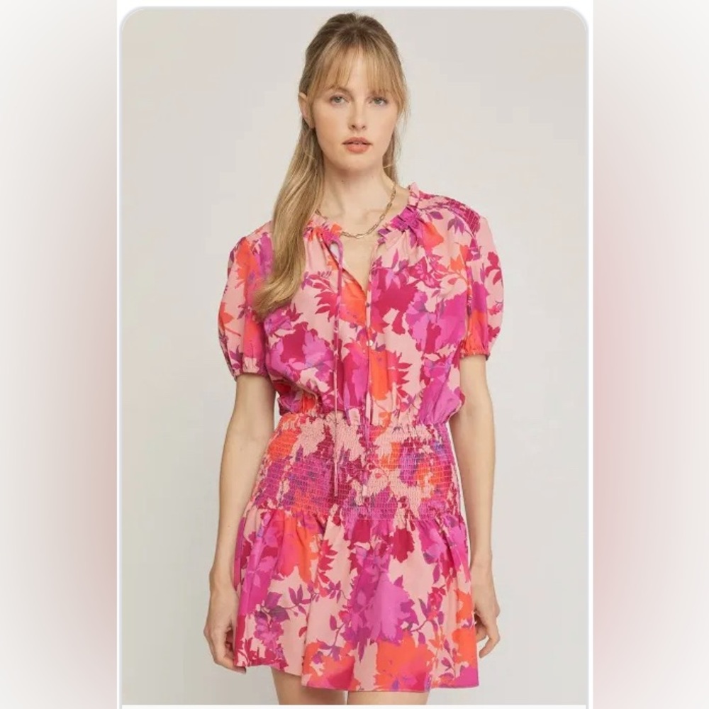ENTRO Floral Smocked Waist Mini Dress; Large